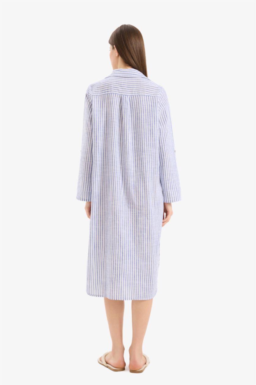 Kadın Koyu Mavi Gömlek Yaka Çizgili Uzun Plaj Gömleği