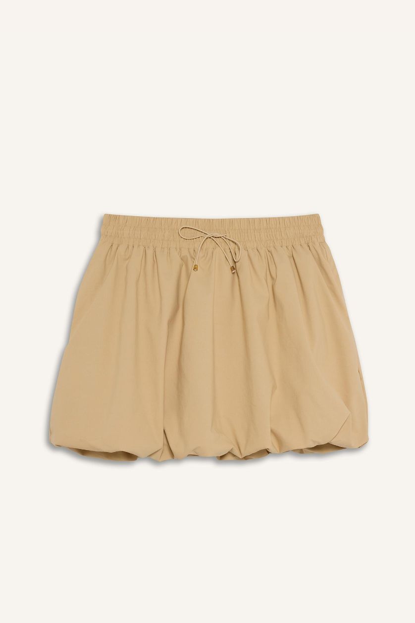 Kadın Açık Bej Balloon Fit Yüksek Bel Tafta Terry Cotton Mini Etek