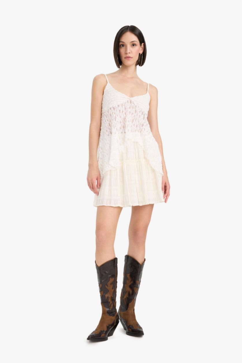 Kadın Ekru Afra x DeFacto A Kesim Normal Bel Pileli Pamuk Astarlı Dokulu Mini Etek