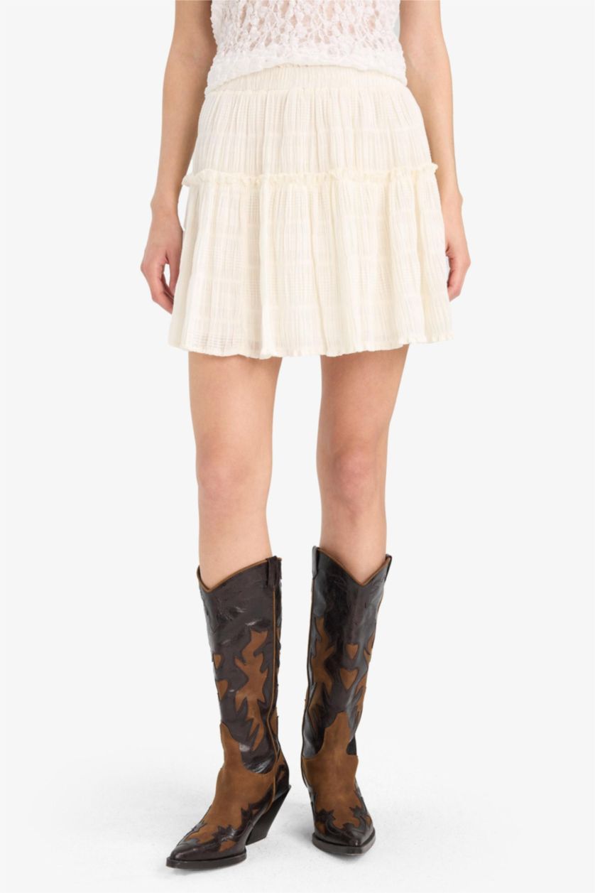 Kadın Ekru Afra x DeFacto A Kesim Normal Bel Pileli Pamuk Astarlı Dokulu Mini Etek