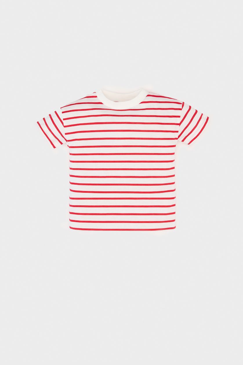 Erkek Bebek Kırmızı Bisiklet Yaka Çizgili Kısa Kollu Tişört Erkek Bebek