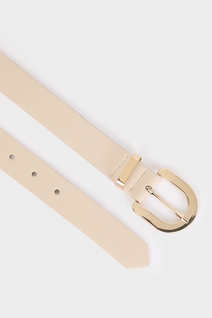 Woman Beige Woman Oval Buckle Faux Leather Jean Belt
