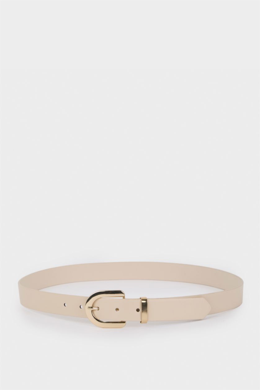 Woman Beige Woman Oval Buckle Faux Leather Jean Belt