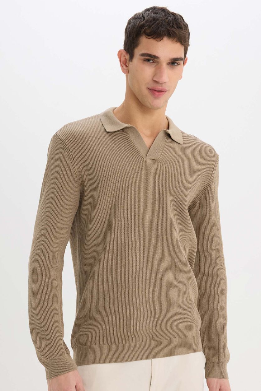 Man Beige Standard Fit Polo Neck Knitted Pullover