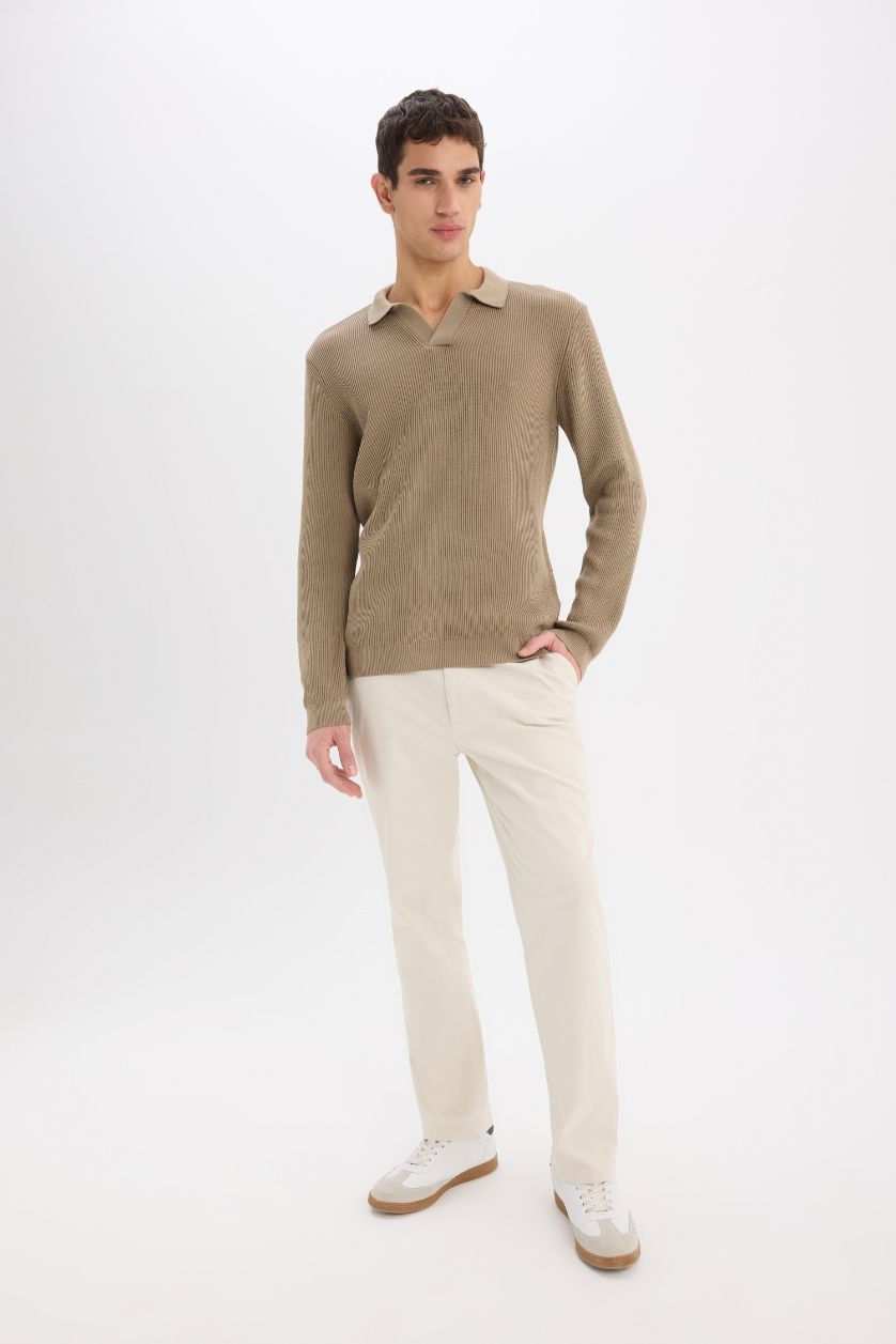 Man Beige Standard Fit Polo Neck Knitted Pullover