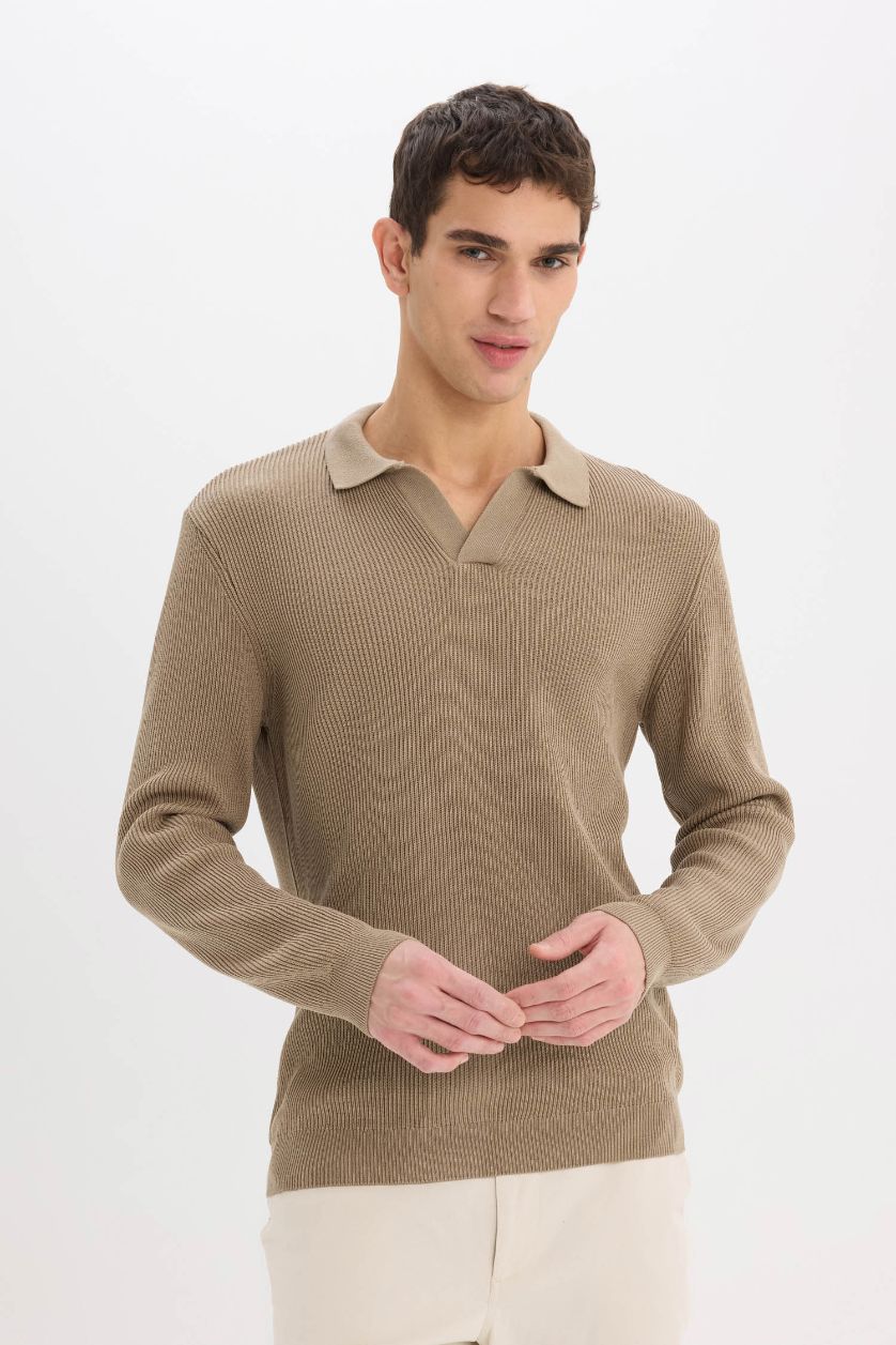Man Beige Standard Fit Polo Neck Knitted Pullover