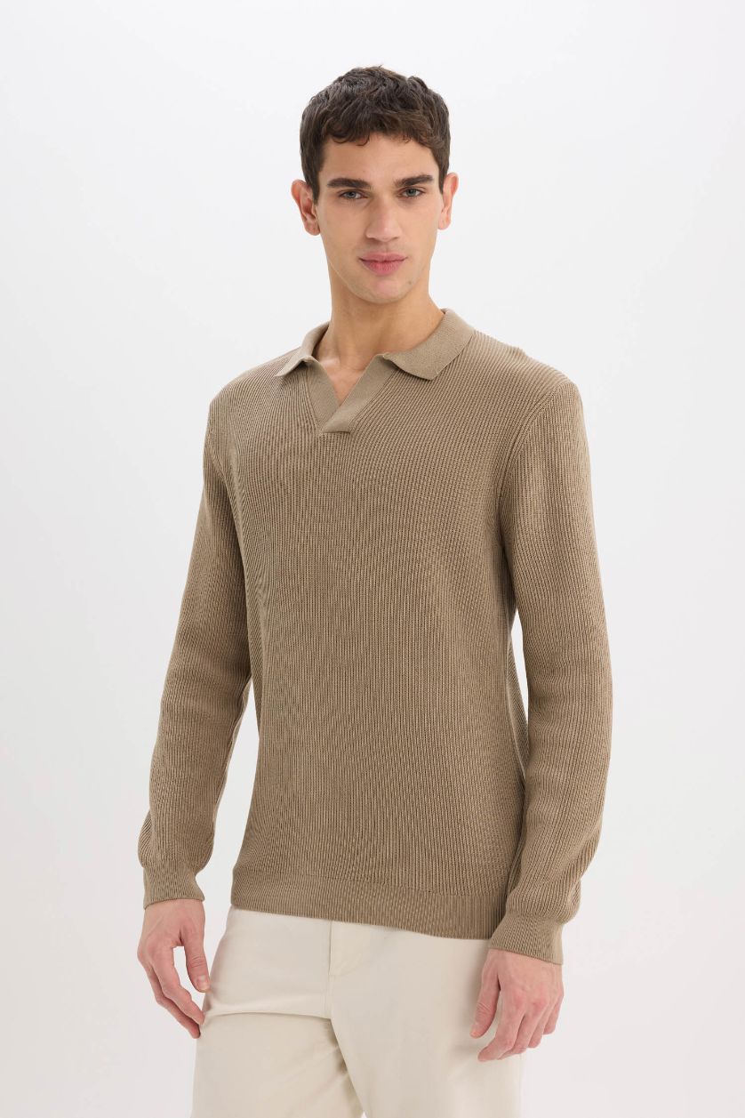 Man Beige Standard Fit Polo Neck Knitted Pullover