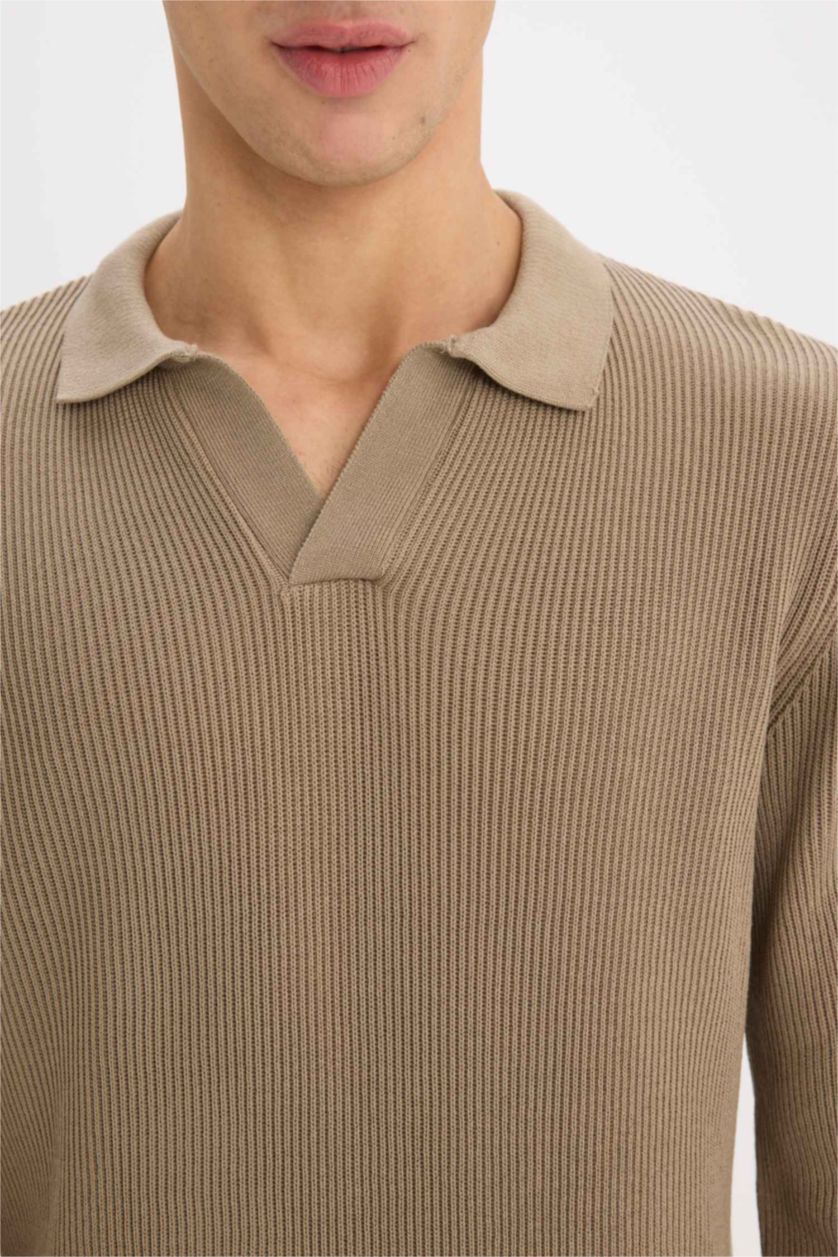 Man Beige Standard Fit Polo Neck Knitted Pullover