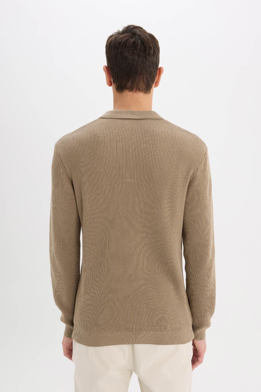 Man Beige Standard Fit Polo Neck Knitted Pullover