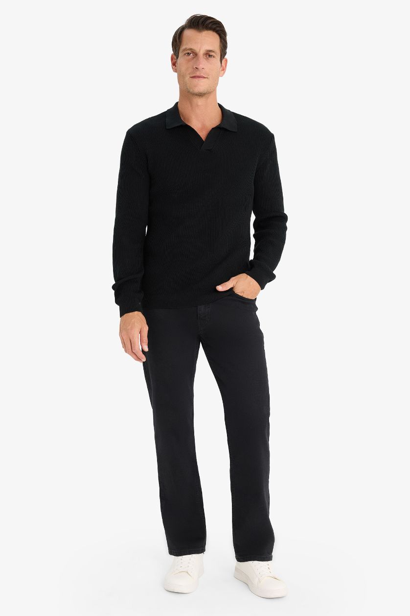 Erkek Siyah Standart Fit Polo Yaka Triko Kazak