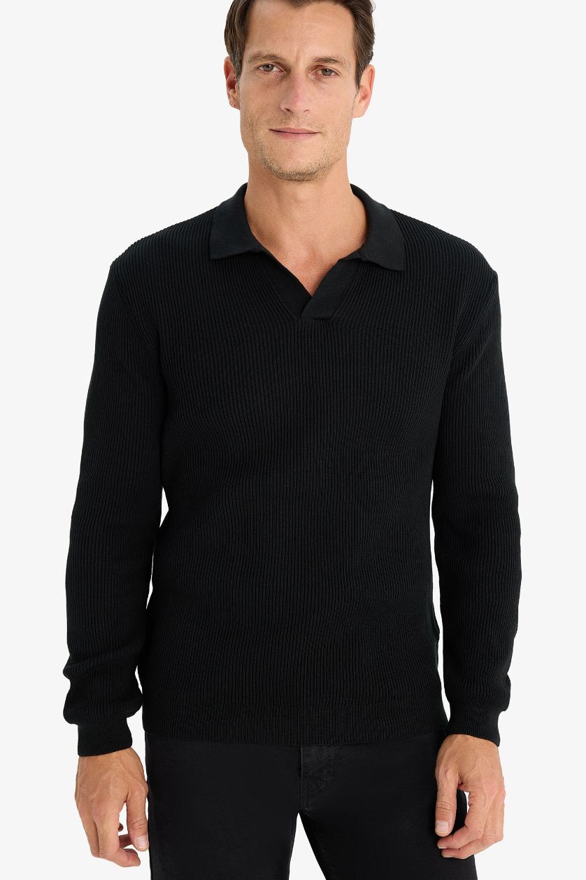 Erkek Siyah Standart Fit Polo Yaka Triko Kazak