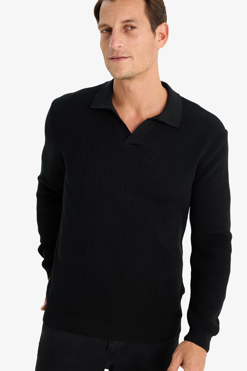 Erkek Siyah Standart Fit Polo Yaka Triko Kazak