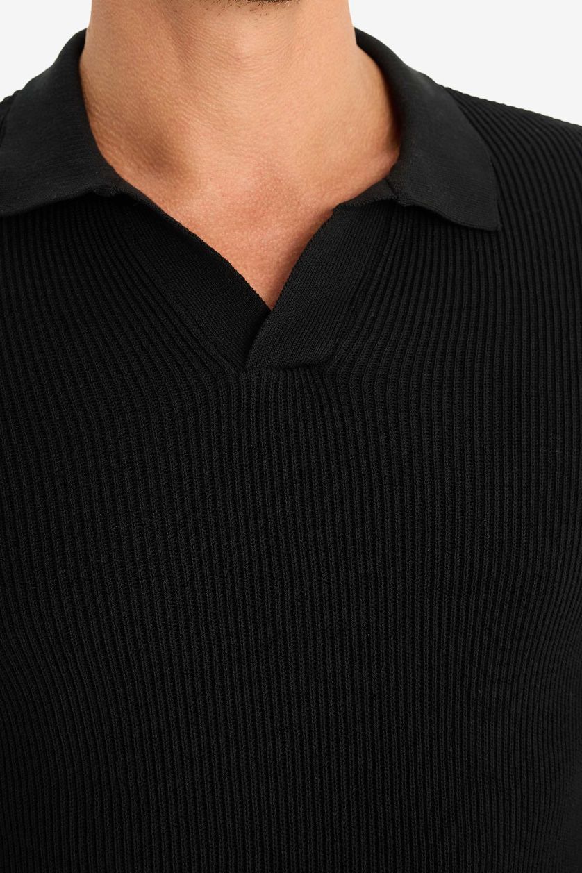 Erkek Siyah Standart Fit Polo Yaka Triko Kazak