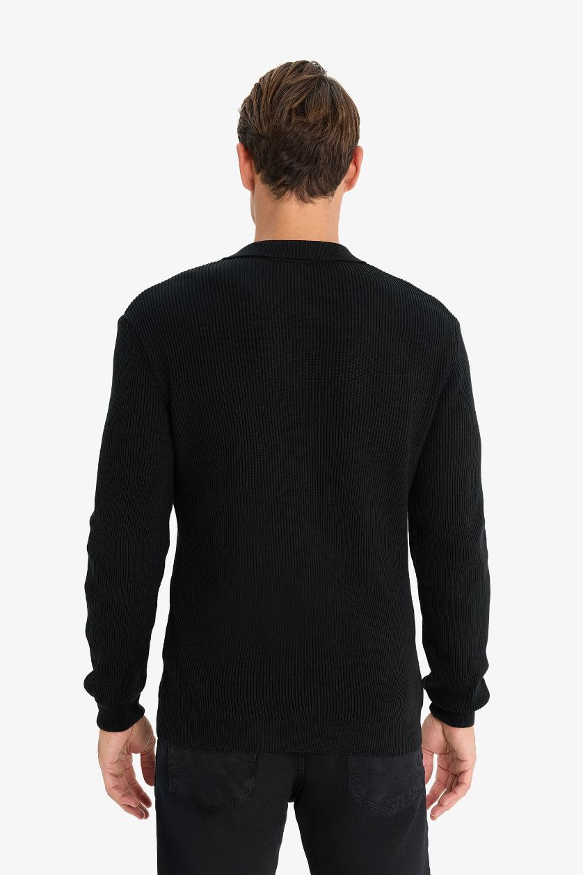 Erkek Siyah Standart Fit Polo Yaka Triko Kazak