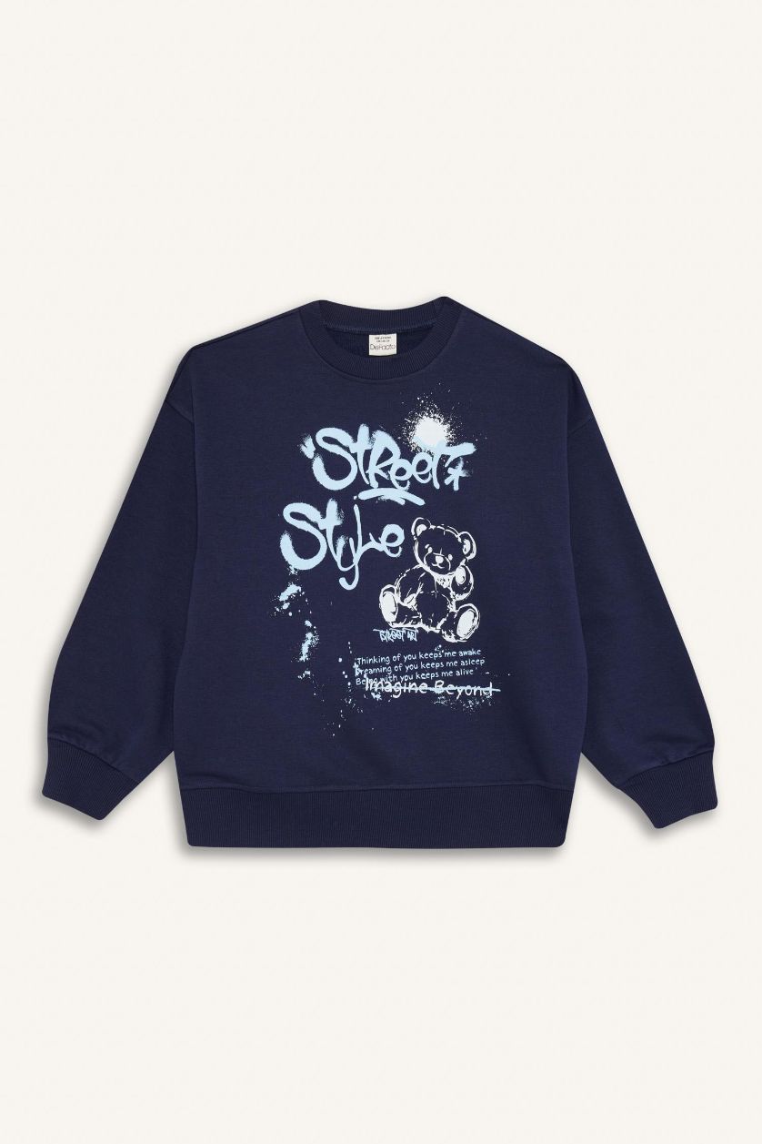 Kız Çocuk - Genç Kız Lacivert Oversize Geniş Kalıp Bisiklet Yaka Baskılı Sweatshirt Kız Çocuk