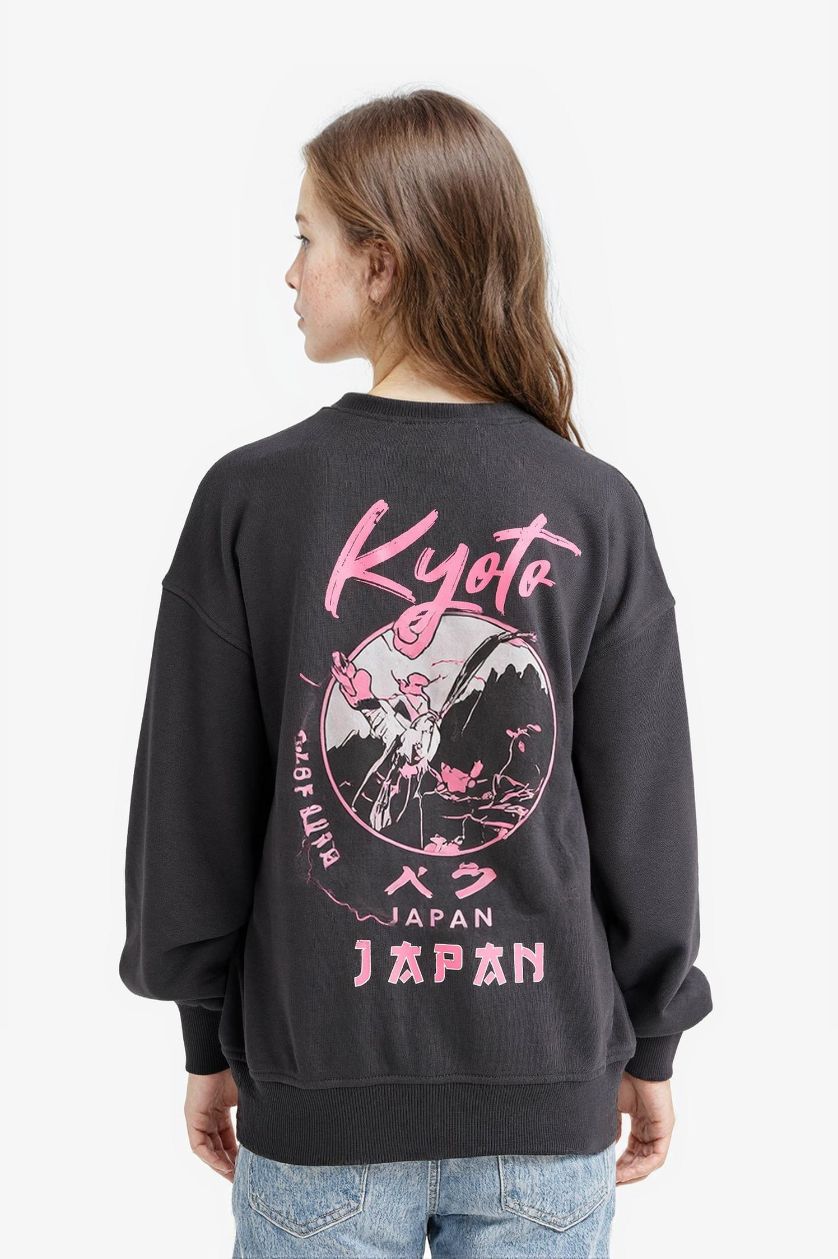 بنات أنثرا سويت شيرت بناتي اوفر سايز بياخة مستديرة وطبعة من الخلف