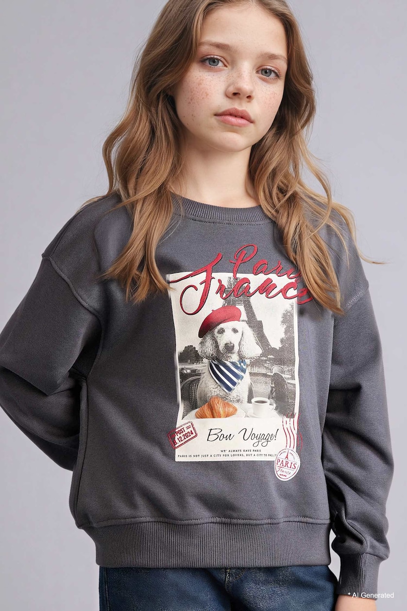 Girls & Teens Anthracite سويت شيرت مطبوع قصة مريحة بياخة مستديرة