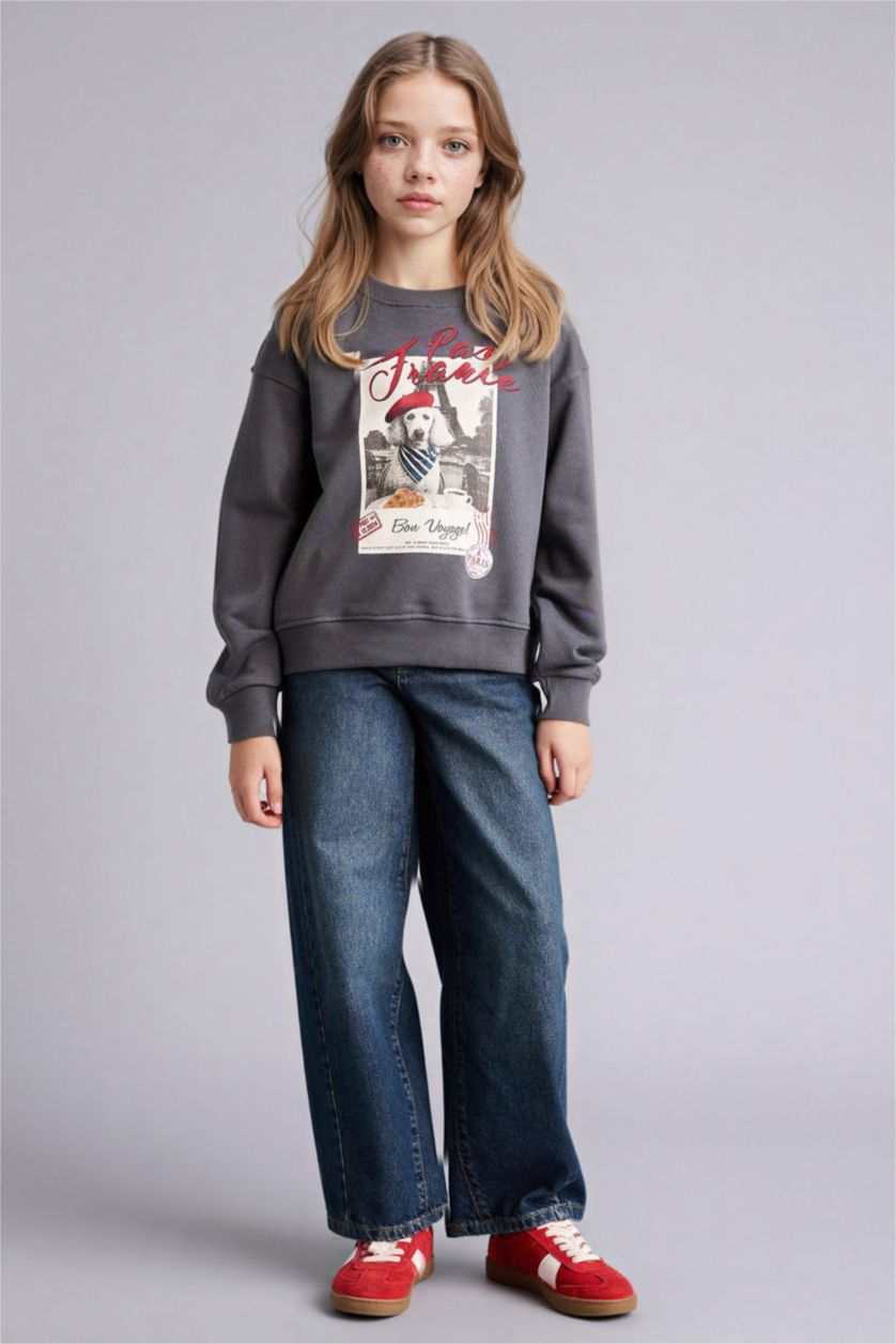 Девочки и подростки Антрацит Свитшот с принтом и круглым вырезом Relax Fit для девочек
