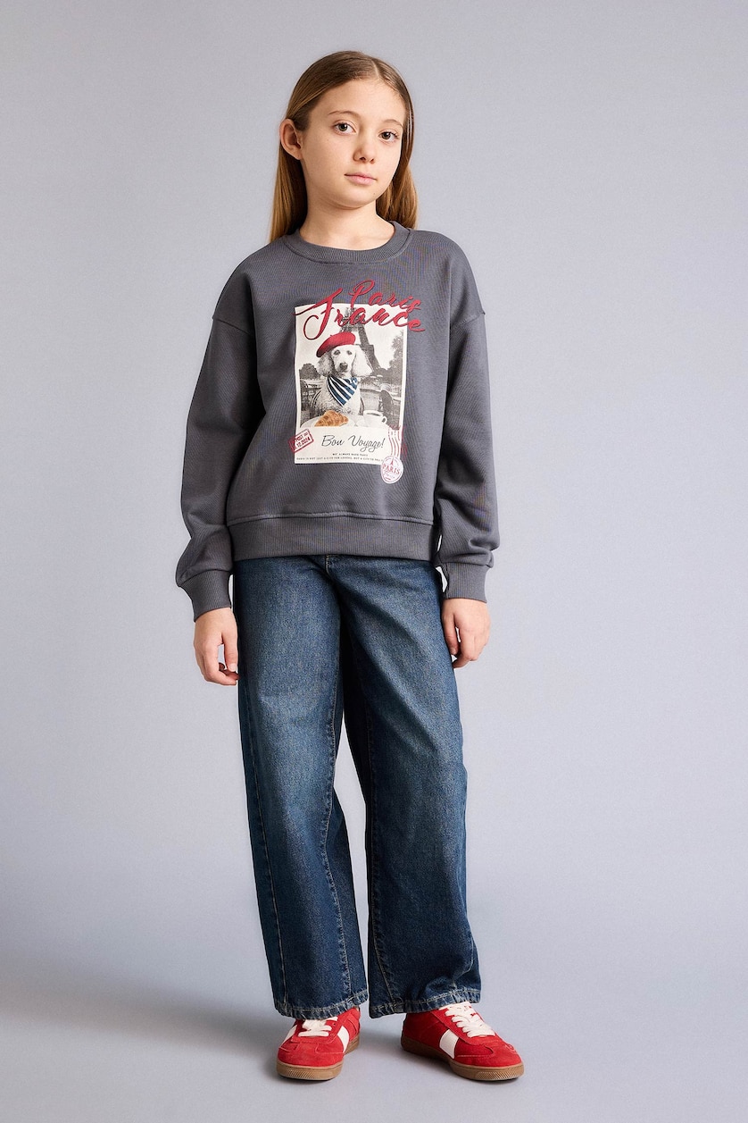 Young Girls - Teen Girls Anthracite Girl Relax Fit Crew Neck Printed Sweatshirt
