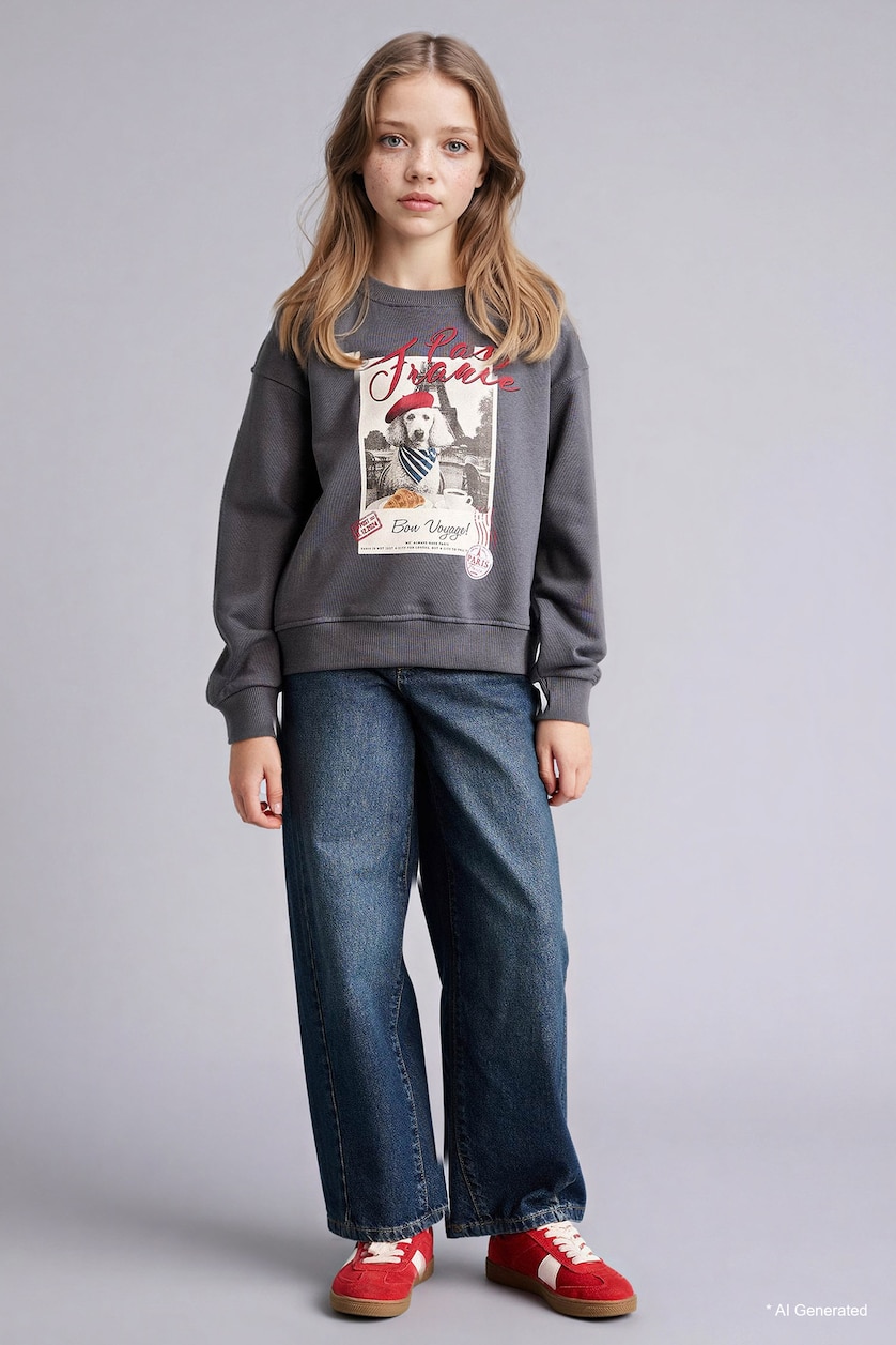 Girls & Teens Anthracite سويت شيرت مطبوع قصة مريحة بياخة مستديرة