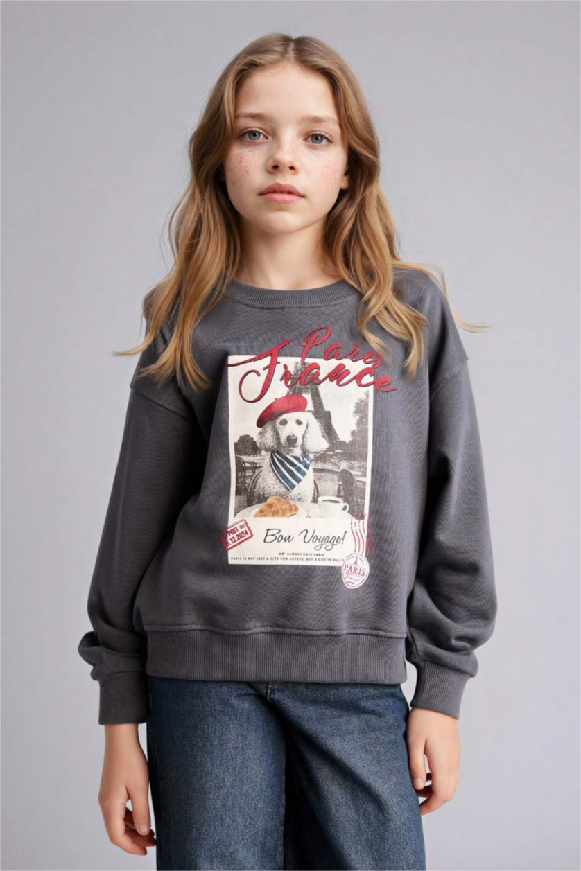 Девочки и подростки Антрацит Свитшот с принтом и круглым вырезом Relax Fit для девочек