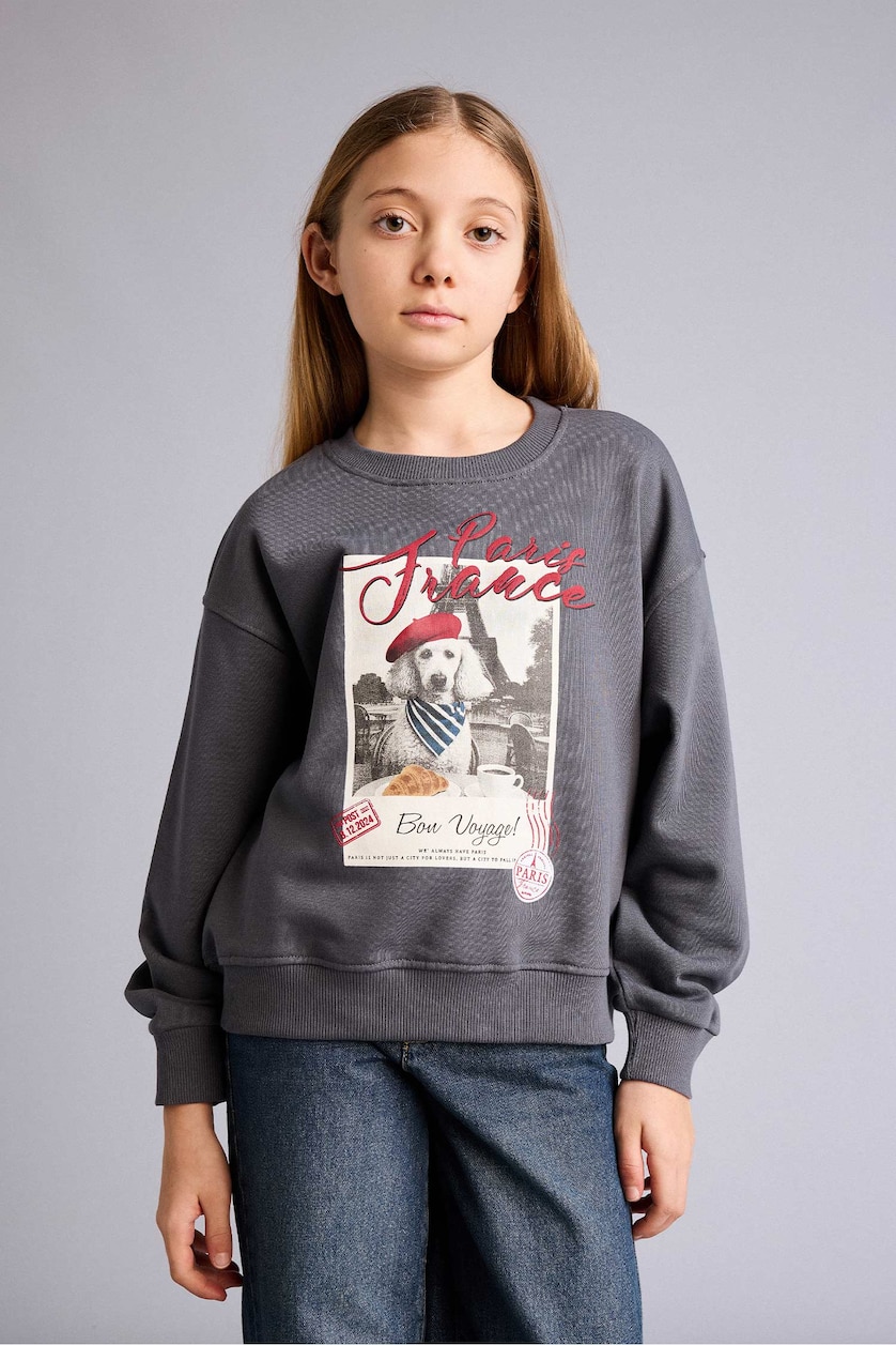 Young Girls - Teen Girls Anthracite Girl Relax Fit Crew Neck Printed Sweatshirt