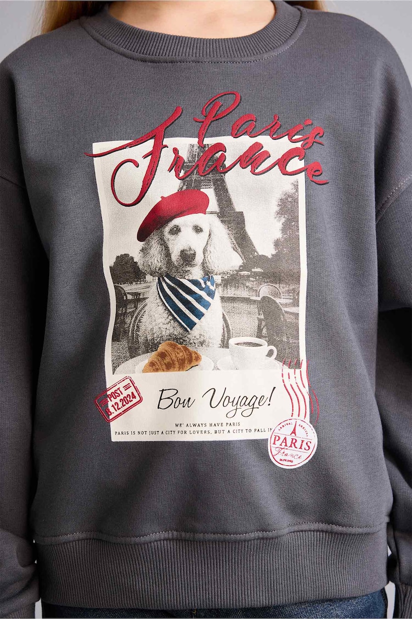 Young Girls - Teen Girls Anthracite Girl Relax Fit Crew Neck Printed Sweatshirt