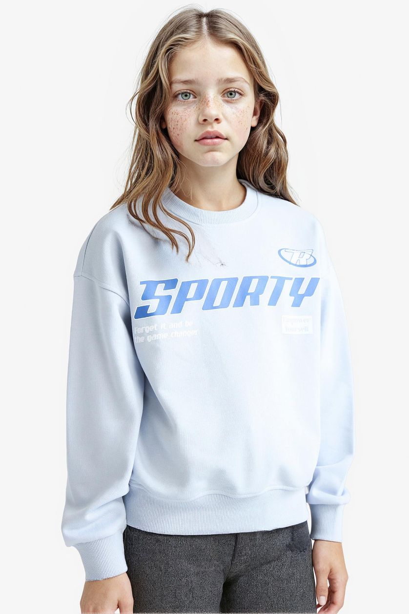 Girls & Teens Light Blue Girl Relax Fit Crew Neck Printed Sweatshirt