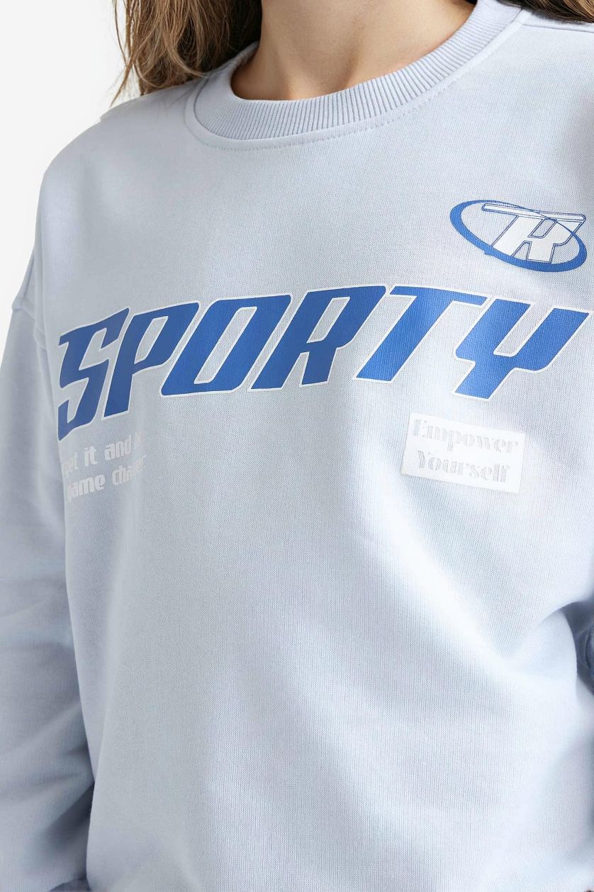 Girls & Teens Light Blue Girl Relax Fit Crew Neck Printed Sweatshirt