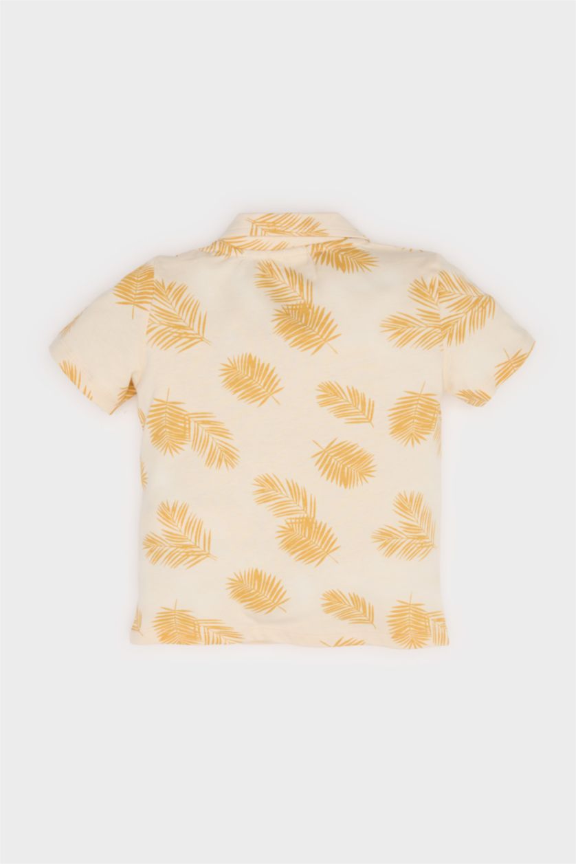 Erkek Bebek Bej Polo Yaka Palmiye Desenli Kısa Kollu Tişört Erkek Bebek