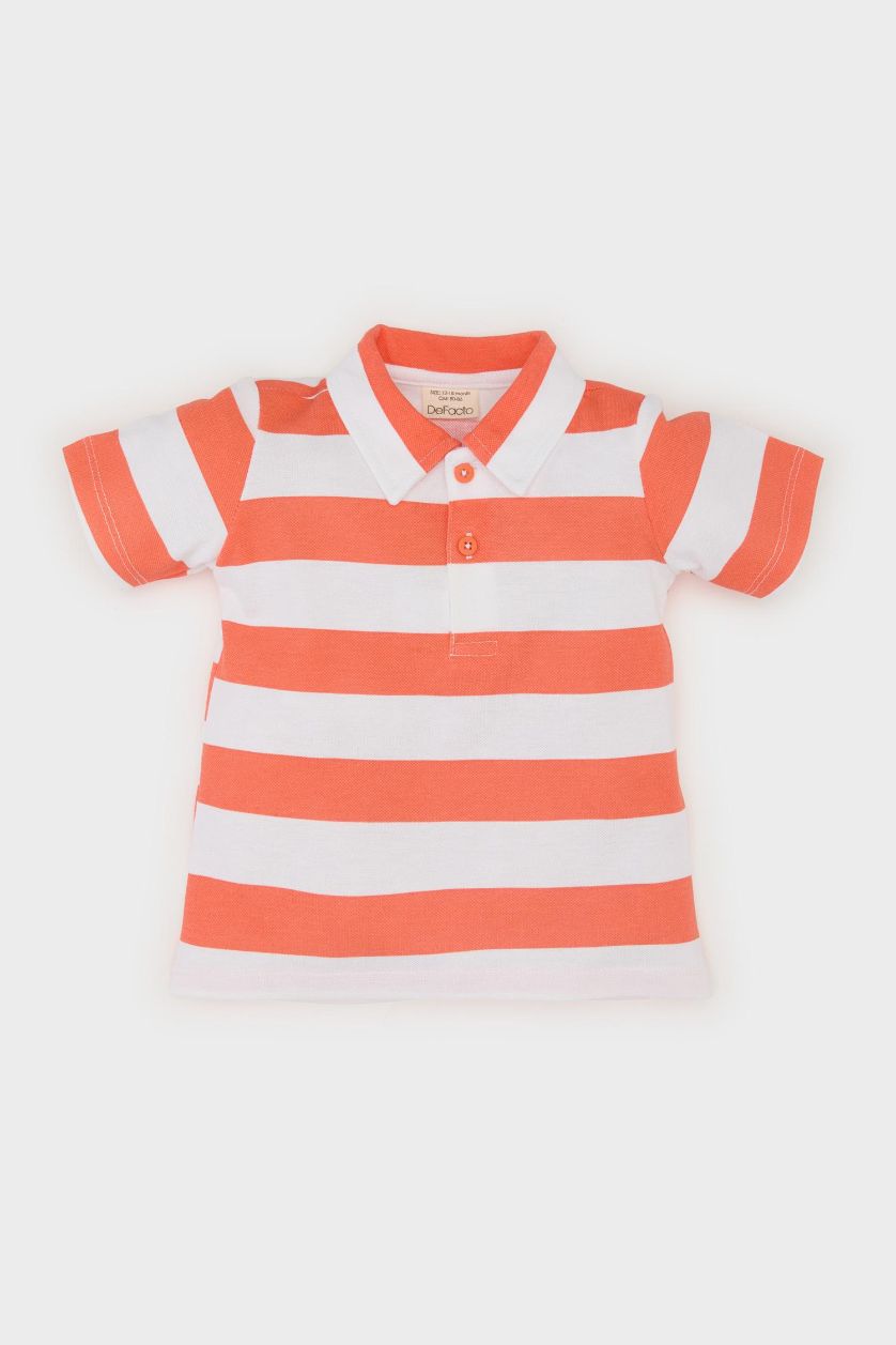 Erkek Bebek Ekru Polo Yaka Çizgili Pike Kısa Kollu Tişört Erkek Bebek
