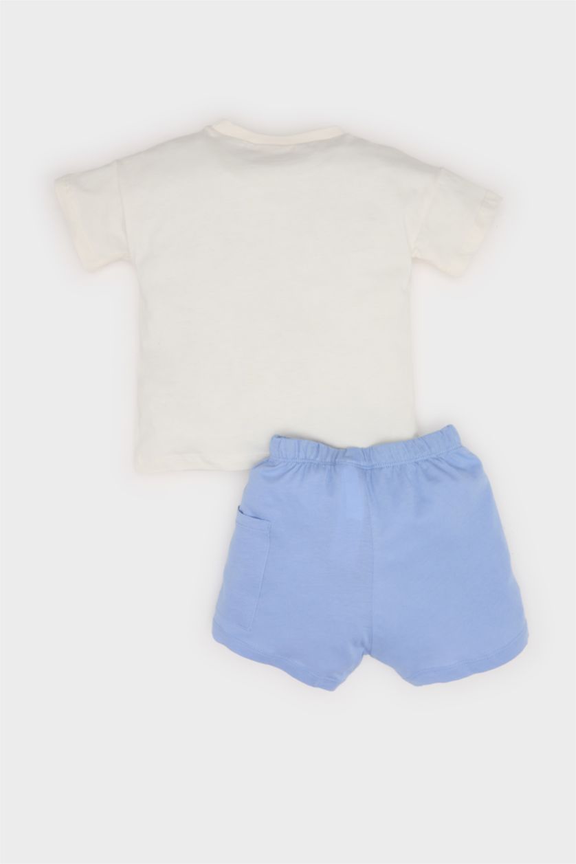 Erkek Bebek Ekru 2'li Takım Araç Baskılı Kısa Kollu Tişört Beli Lastikli Şort Erkek Bebek