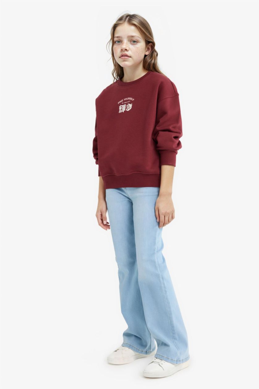 Kız Çocuk - Genç Kız Bordo Relax Fit Bisiklet Yaka Baskılı İçi Yumuşak Tüylü Sweatshirt Kız Çocuk