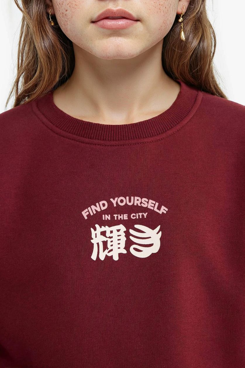 Kız Çocuk - Genç Kız Bordo Relax Fit Bisiklet Yaka Baskılı İçi Yumuşak Tüylü Sweatshirt Kız Çocuk