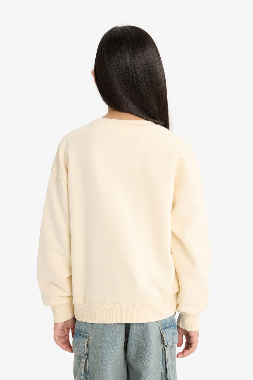 Kız Çocuk - Genç Kız Ekru Relax Fit Bisiklet Yaka Baskılı İçi Yumuşak Tüylü Sweatshirt Kız Çocuk