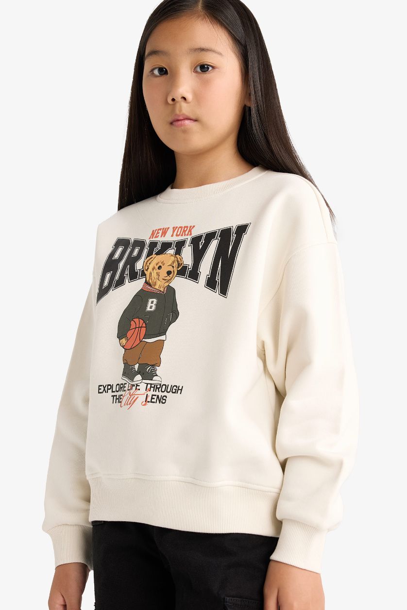 Kız Çocuk - Genç Kız Ekru Relax Fit Bisiklet Yaka Baskılı İçi Yumuşak Tüylü Sweatshirt Kız Çocuk