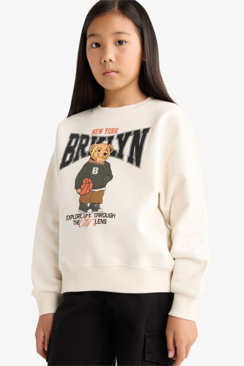 Kız Çocuk - Genç Kız Ekru Relax Fit Bisiklet Yaka Baskılı İçi Yumuşak Tüylü Sweatshirt Kız Çocuk