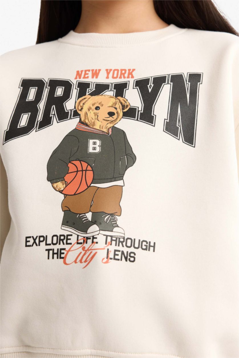 Kız Çocuk - Genç Kız Ekru Relax Fit Bisiklet Yaka Baskılı İçi Yumuşak Tüylü Sweatshirt Kız Çocuk