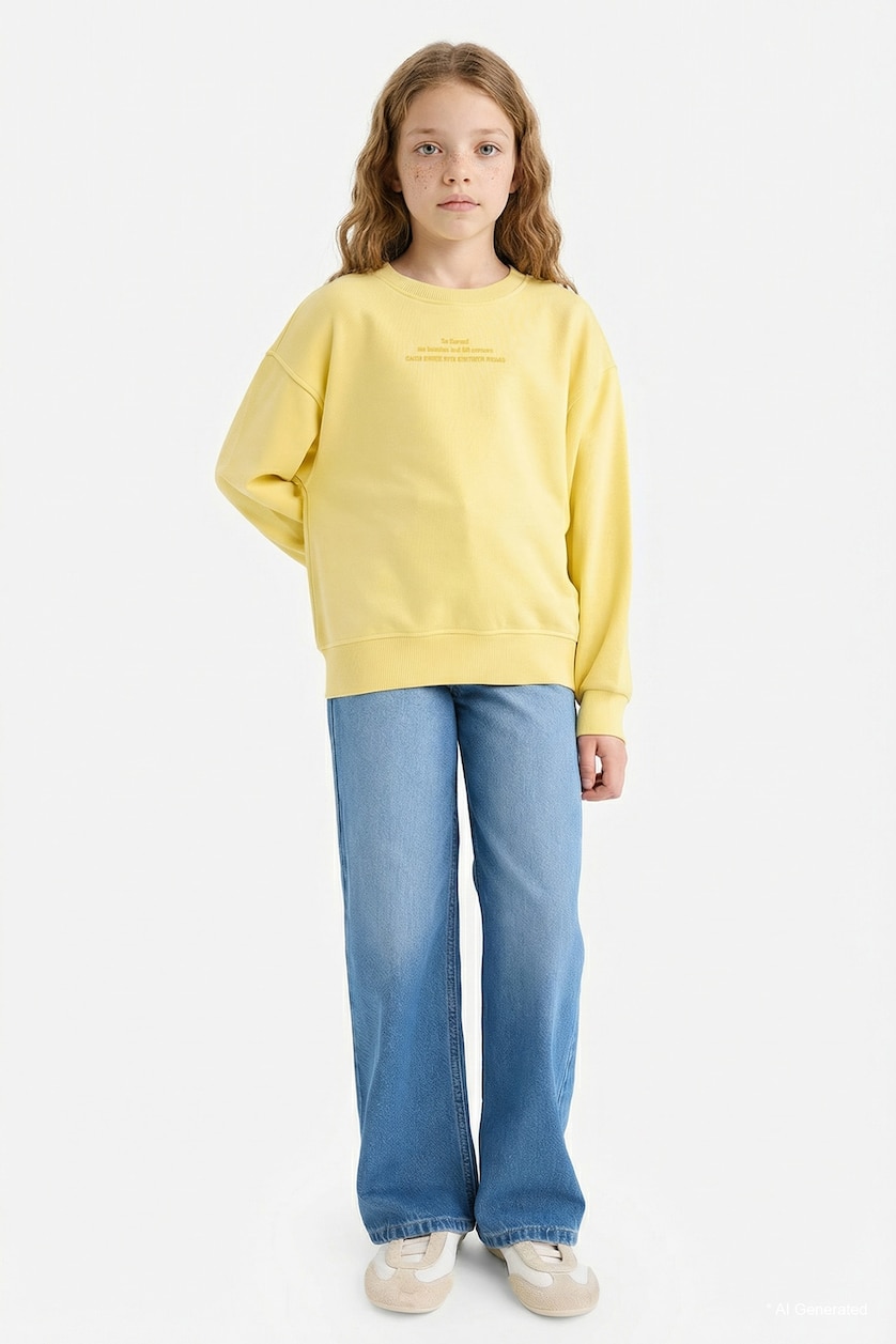 Young Girls - Teen Girls Yellow Girl Relax Fit Crew Neck Printed Sweatshirt