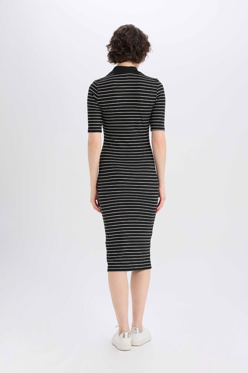 Kadın Siyah Bodycon Vücudu Saran Polo Yaka Fitilli Kaşkorse Kısa Kollu Midi Elbise