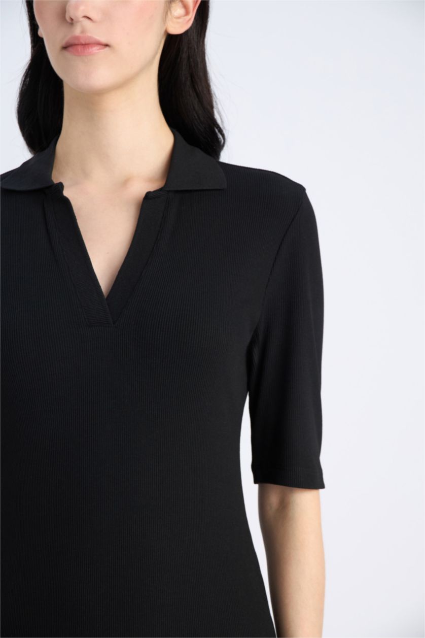 Kadın Siyah Bodycon Vücudu Saran Polo Yaka Fitilli Kaşkorse Kısa Kollu Midi Elbise