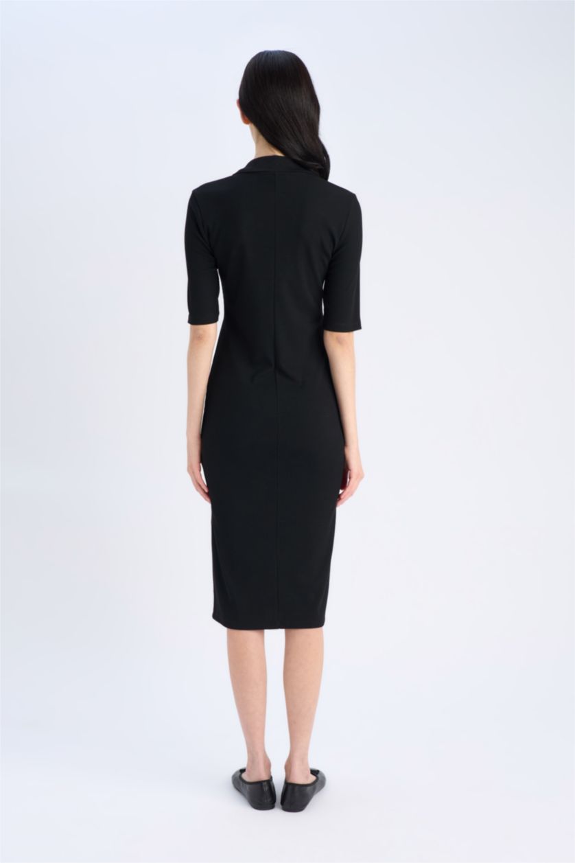 Kadın Siyah Bodycon Vücudu Saran Polo Yaka Fitilli Kaşkorse Kısa Kollu Midi Elbise