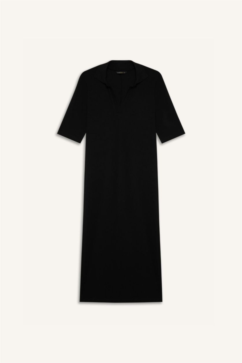 Kadın Siyah Bodycon Vücudu Saran Polo Yaka Fitilli Kaşkorse Kısa Kollu Midi Elbise