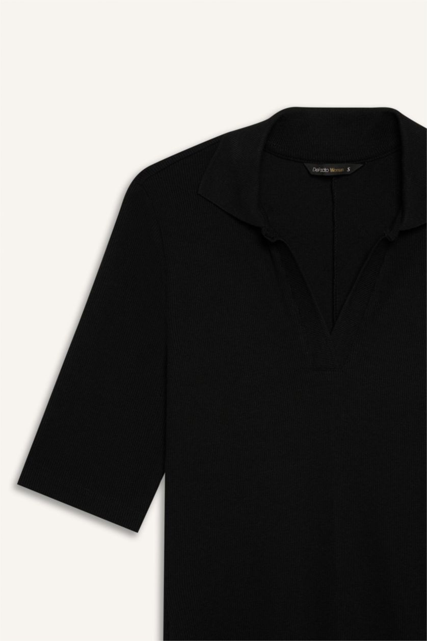 Kadın Siyah Bodycon Vücudu Saran Polo Yaka Fitilli Kaşkorse Kısa Kollu Midi Elbise