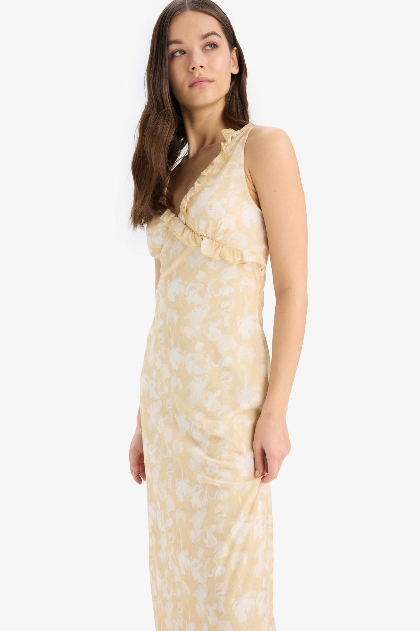 Kadın Açık Sarı Bodycon Vücudu Saran Desenli Tül Askılı Midi Elbise