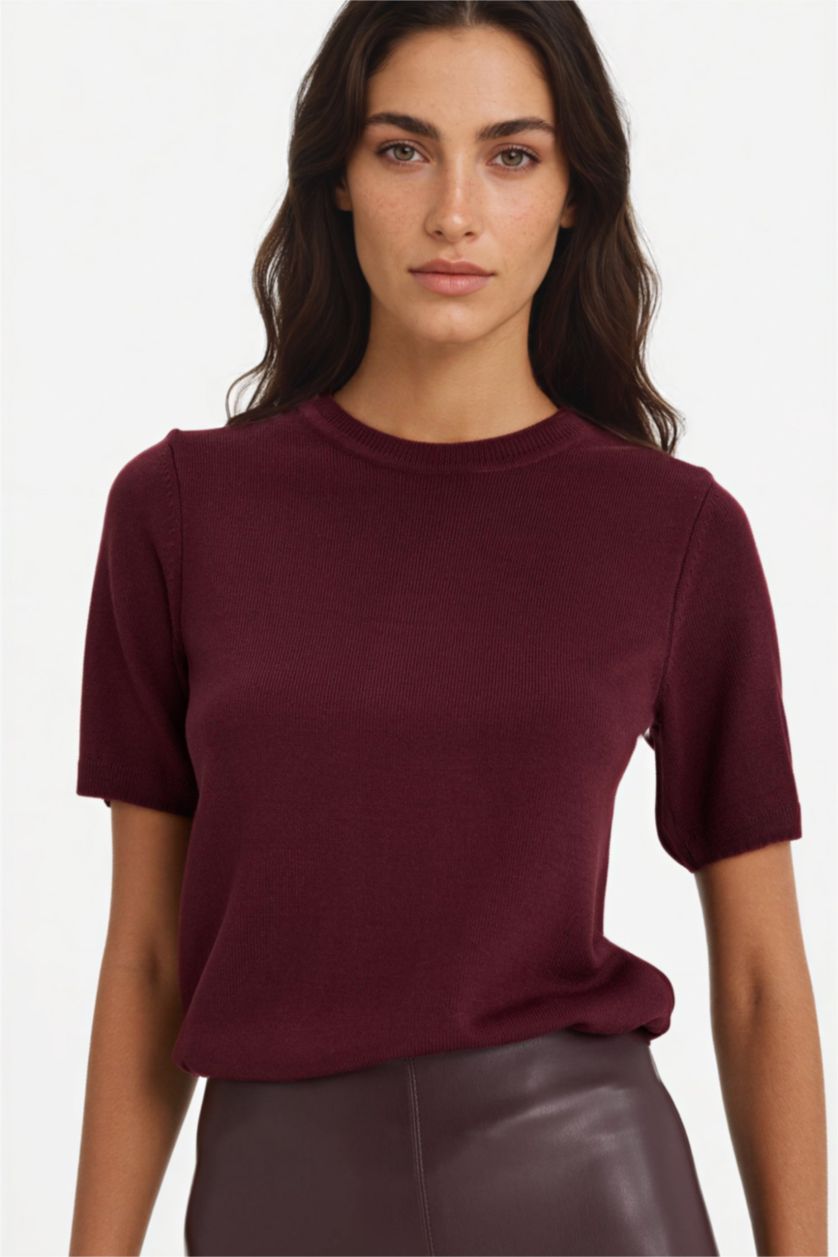 Әйелдерге Бордо қалыпты пішім дөңгелек жаға Пулловер