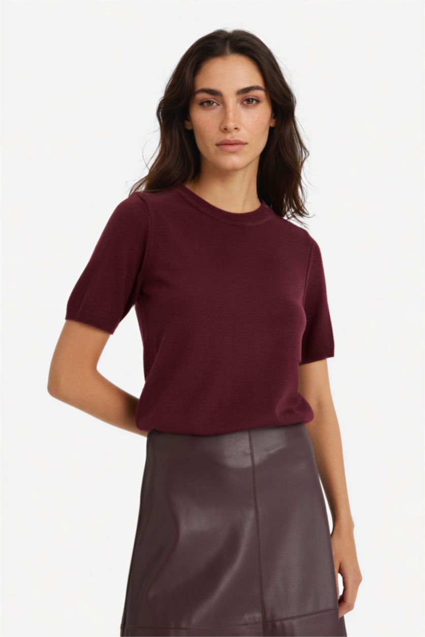 Әйелдерге Бордо қалыпты пішім дөңгелек жаға Пулловер