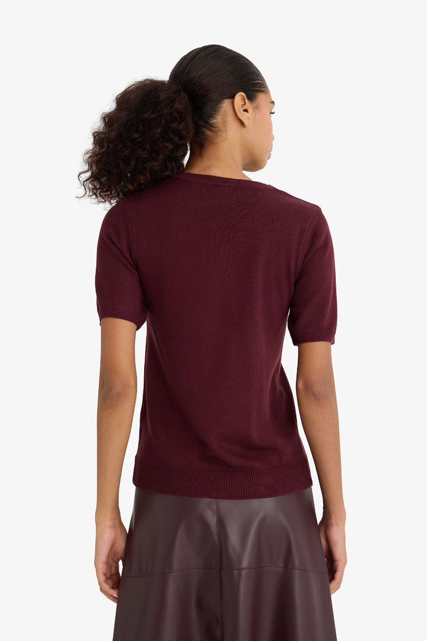 Әйелдерге Бордо қалыпты пішім дөңгелек жаға Пулловер