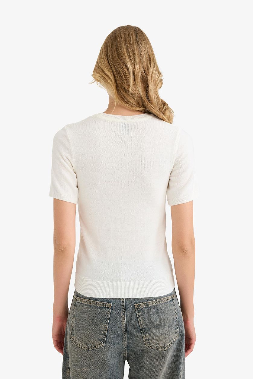 FEMME Écru Pull manches courtes en tricot à col rond Coupe régulière