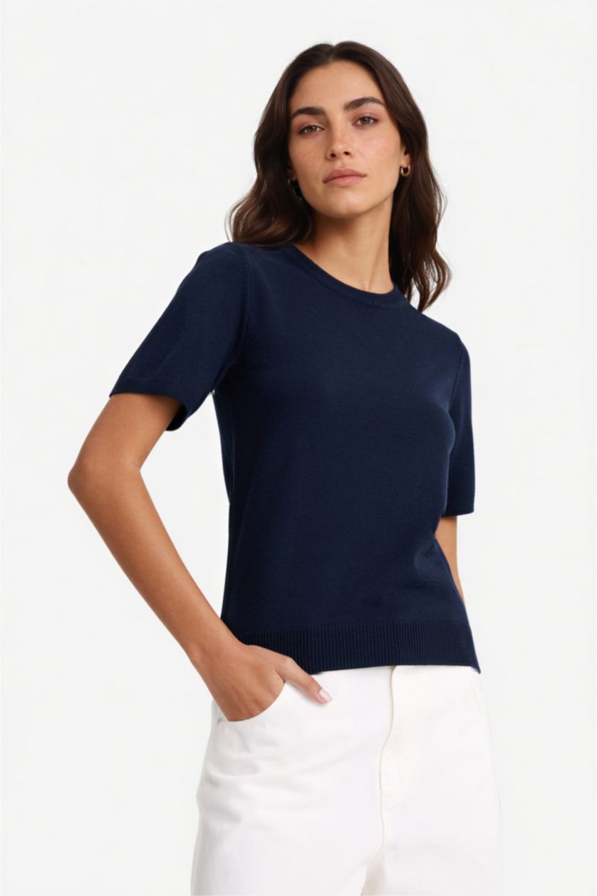 حريمي كحلي بلوفر تريكو نص كم قصة عادية برقبة مستديرة كحلي